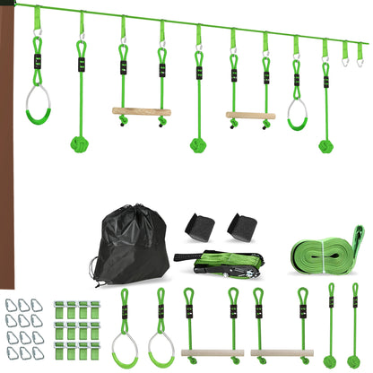 Children's Zip Line 10m Zip Line Set for Children Outdoor Slackline with 2 Rings, 2 Climbing Bars, and 3 Spinner Wheels, Backyard Zip Line Kit for Backyard Garden