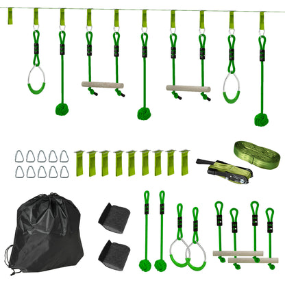 Children's Zip Line 10m Zip Line Set for Children Outdoor Slackline with 2 Rings, 2 Climbing Bars, and 3 Spinner Wheels, Backyard Zip Line Kit for Backyard Garden