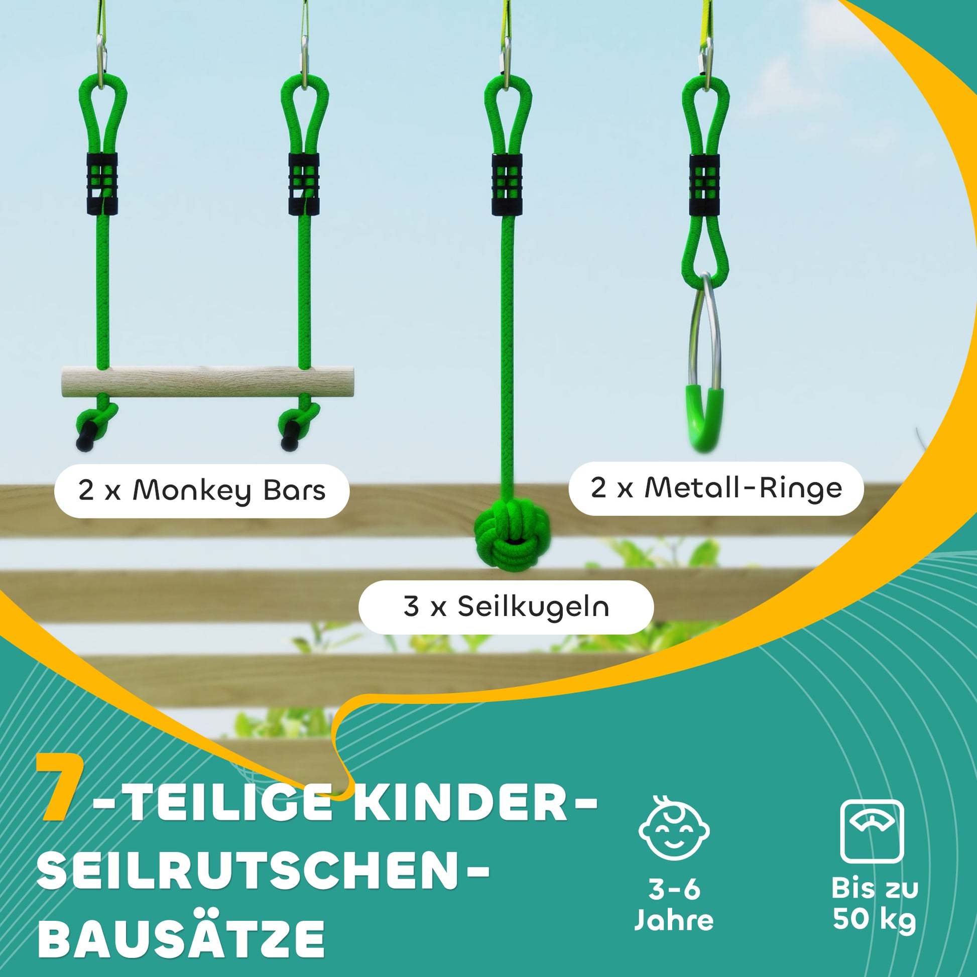 Children's Zip Line 10m Zip Line Set for Children Outdoor Slackline with 2 Rings, 2 Climbing Bars, and 3 Spinner Wheels, Backyard Zip Line Kit for Backyard Garden