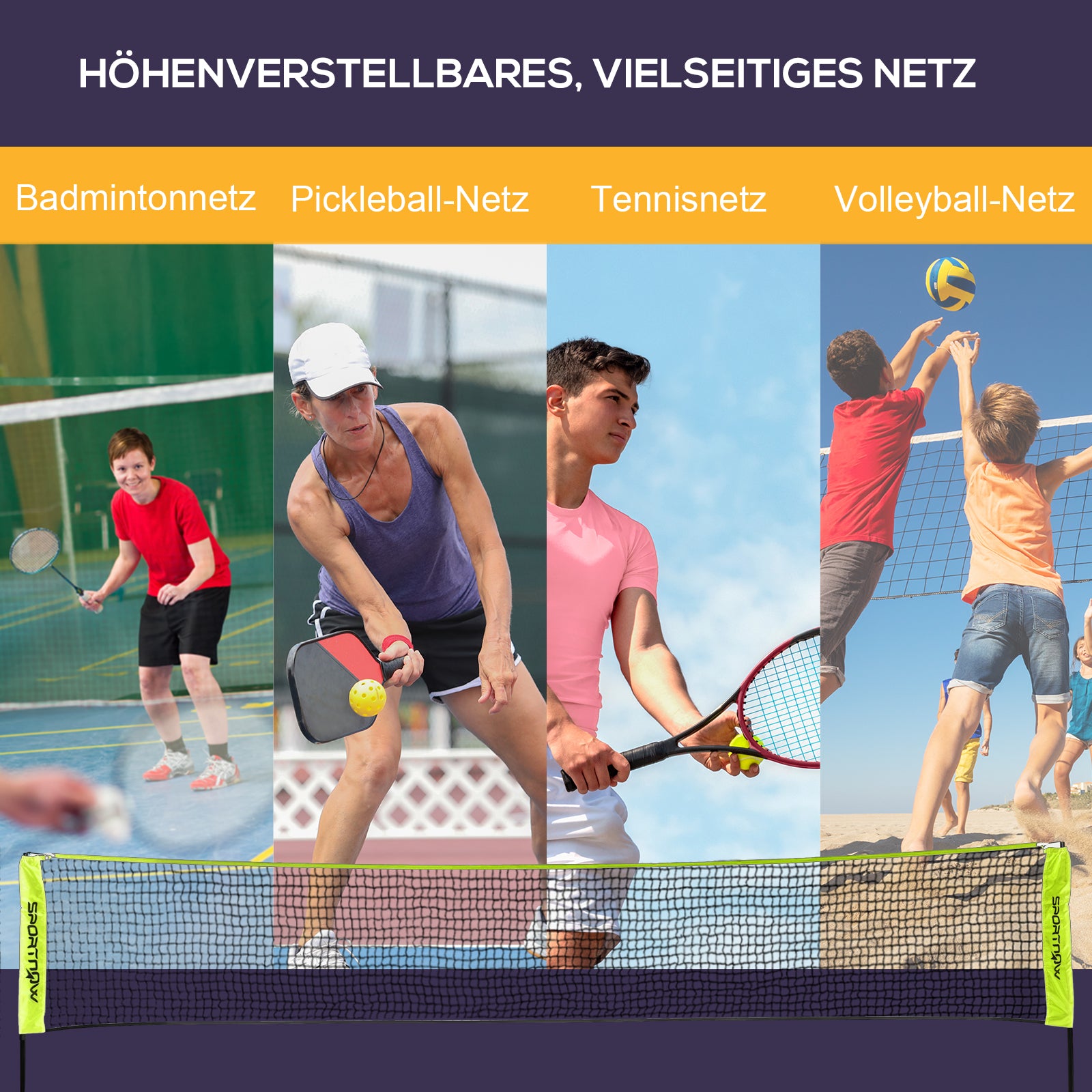 SPORTNOW Badminton Net Set Foldable Volleyball Net, 103/120/155H cm Height Adjustable Shuttlecock Net Tennis Net with Carrying Bag Indoor Outdoor, Metal Polyester Yellow