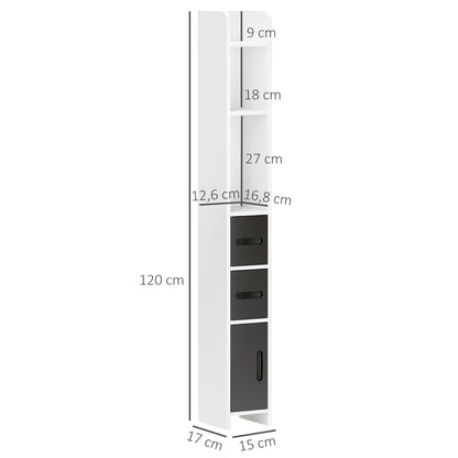 Bathroom Column Cabinet with 3 Doors 3 Open Shelves and Anti-Toppling System Modern Style 15x17x120 cm White and Black