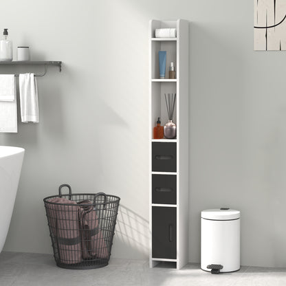 Bathroom Column Cabinet with 3 Doors 3 Open Shelves and Anti-Toppling System Modern Style 15x17x120 cm White and Black