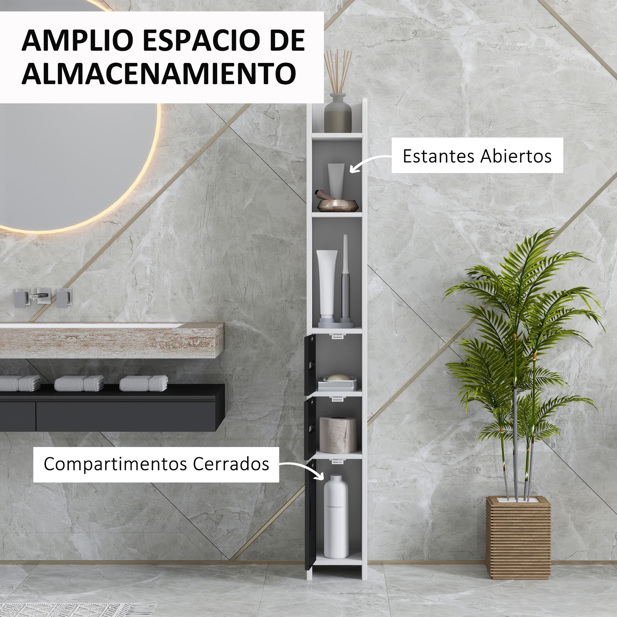 Bathroom Column Cabinet with 3 Doors 3 Open Shelves and Anti-Toppling System Modern Style 15x17x120 cm White and Black