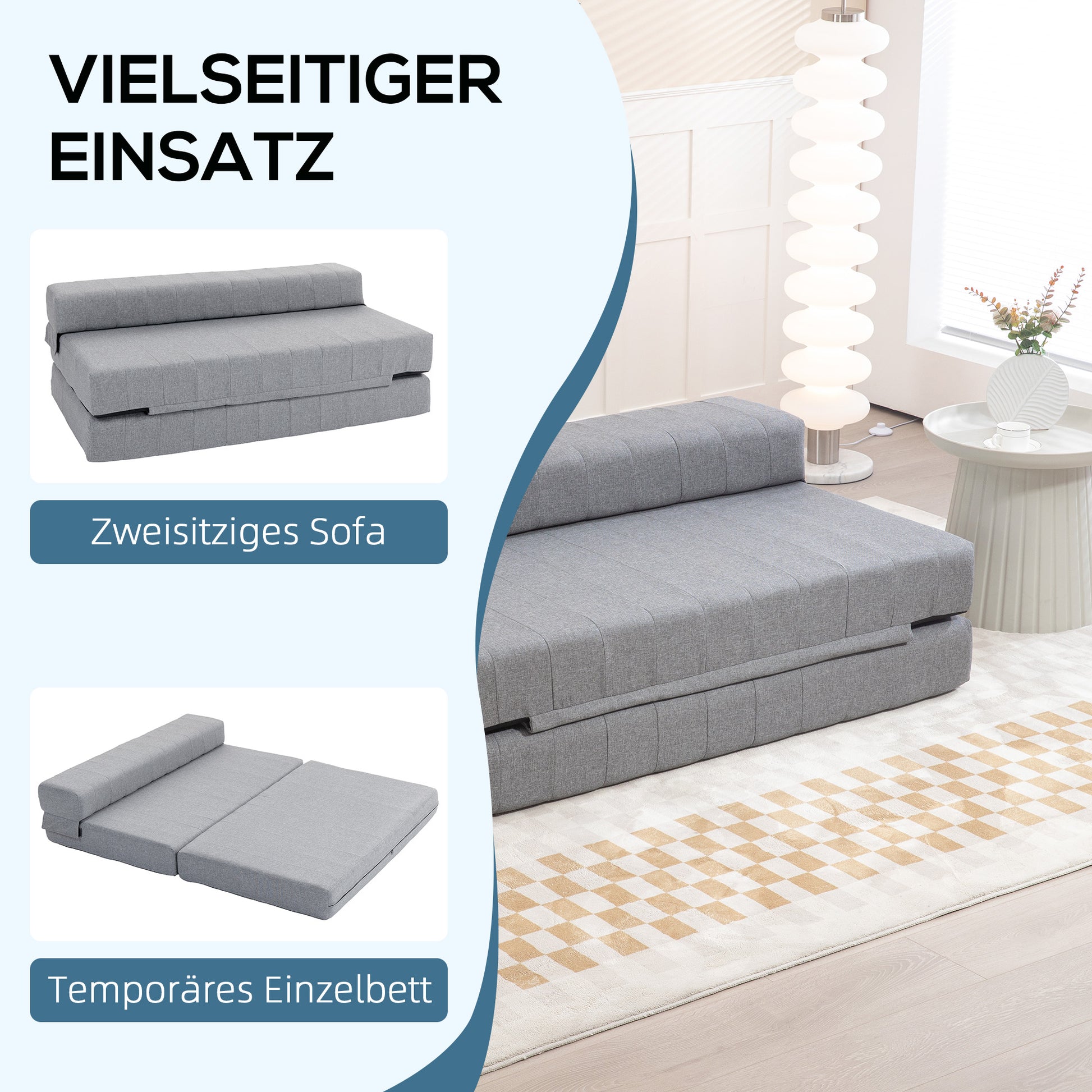 Floor Sofa 2-in-1 Foldable Sleeper Sofa with Linen Look, for 2 Persons, Padded Sofa Bed up to 250 kg Load Capacity for Living Room, Bedroom, Gray