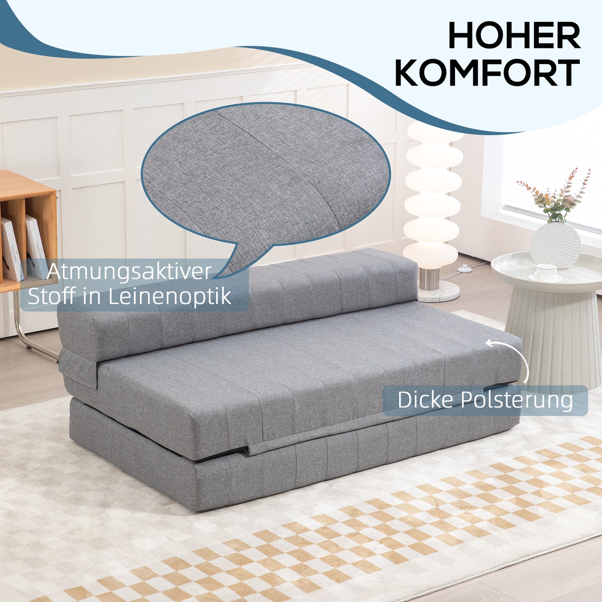 Floor Sofa 2-in-1 Foldable Sleeper Sofa with Linen Look, for 2 Persons, Padded Sofa Bed up to 250 kg Load Capacity for Living Room, Bedroom, Gray