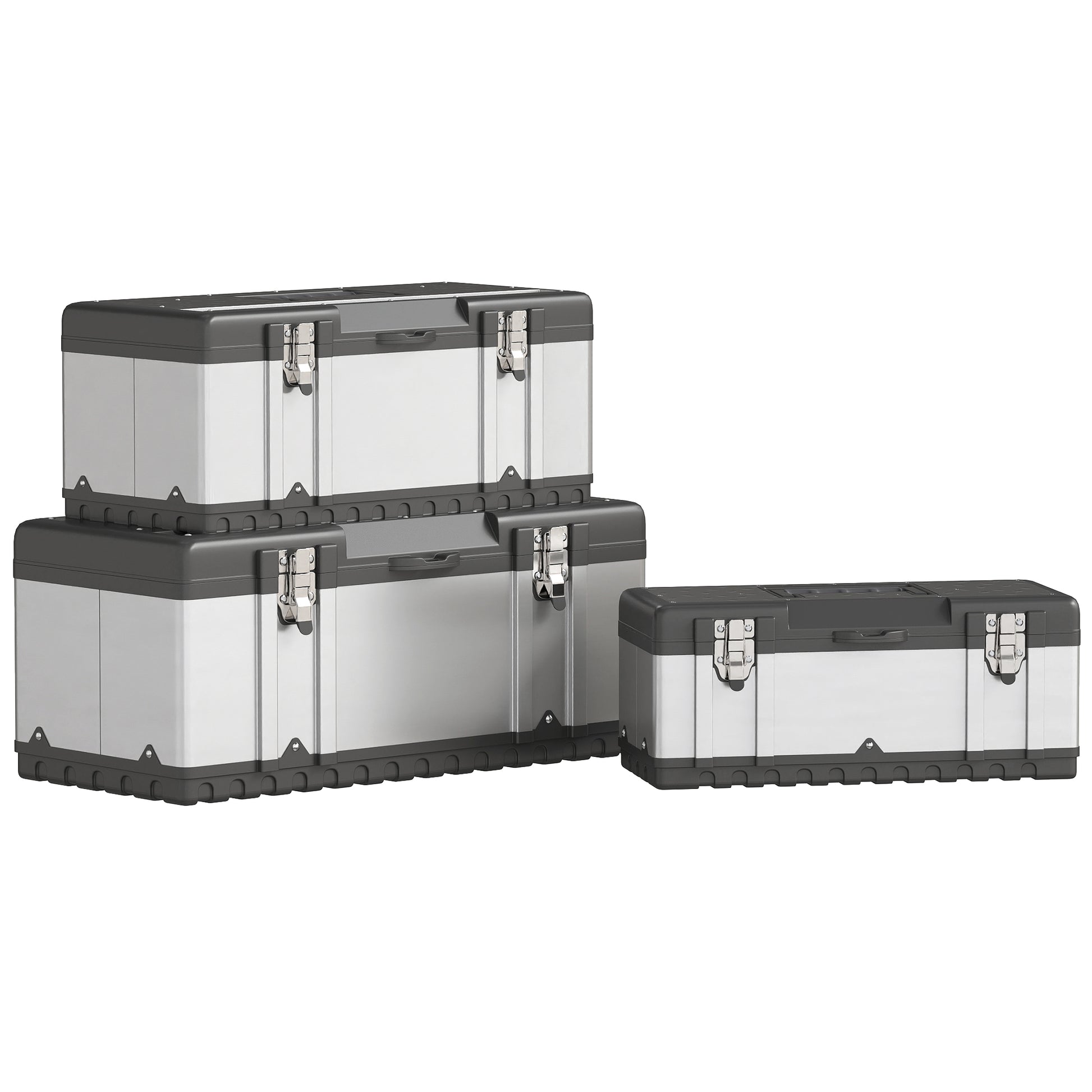 Tool Chest 3-Piece Set Empty Tool Box Toolbox with Removable Tray, Handles, Latches, Stainless Steel Tool Box, Black+Silver