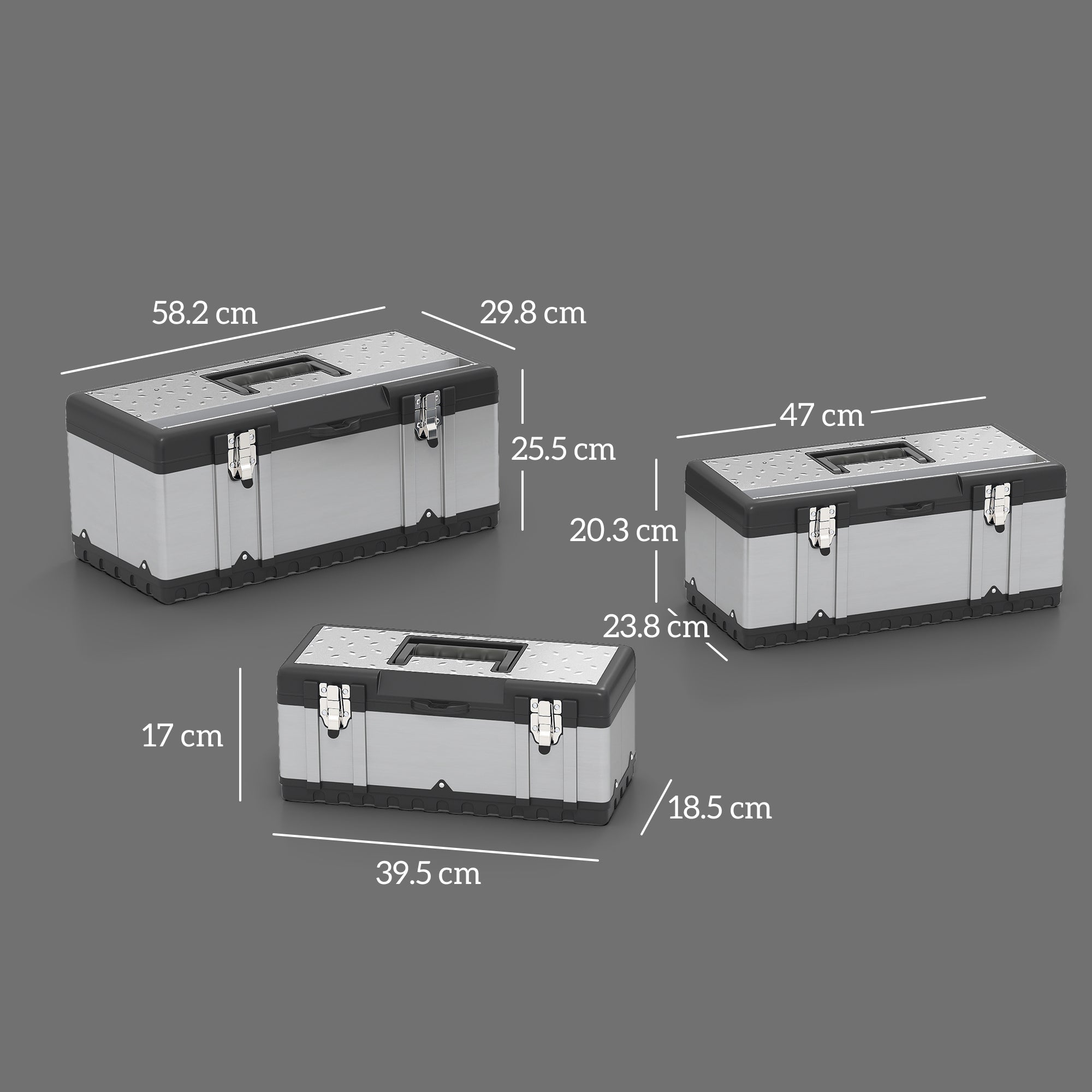 Tool Chest 3-Piece Set Empty Tool Box Toolbox with Removable Tray, Handles, Latches, Stainless Steel Tool Box, Black+Silver