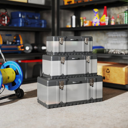 Tool Chest 3-Piece Set Empty Tool Box Toolbox with Removable Tray, Handles, Latches, Stainless Steel Tool Box, Black+Silver