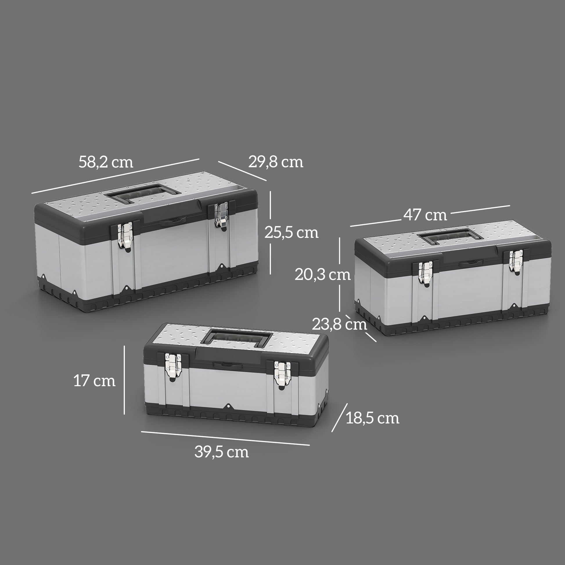 Tool Chest 3-Piece Set Empty Tool Box Toolbox with Removable Tray, Handles, Latches, Stainless Steel Tool Box, Black+Silver