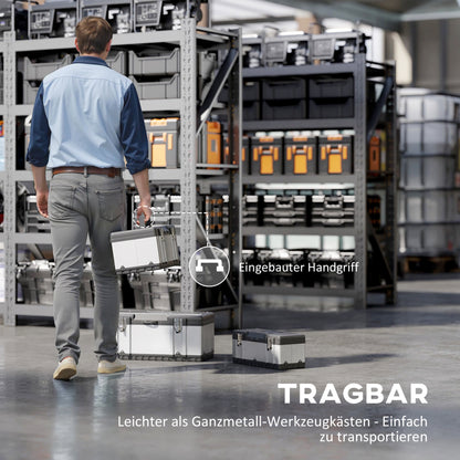 Tool Chest 3-Piece Set Empty Tool Box Toolbox with Removable Tray, Handles, Latches, Stainless Steel Tool Box, Black+Silver