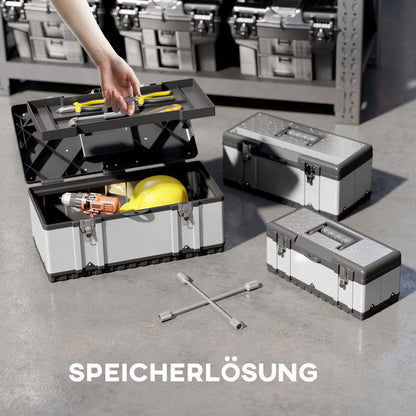 Tool Chest 3-Piece Set Empty Tool Box Toolbox with Removable Tray, Handles, Latches, Stainless Steel Tool Box, Black+Silver