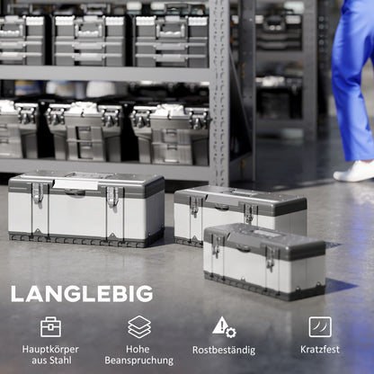 Tool Chest 3-Piece Set Empty Tool Box Toolbox with Removable Tray, Handles, Latches, Stainless Steel Tool Box, Black+Silver