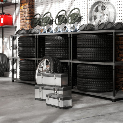 Tool Chest 3-Piece Set Empty Tool Box Toolbox with Removable Tray, Handles, Latches, Stainless Steel Tool Box, Black+Silver