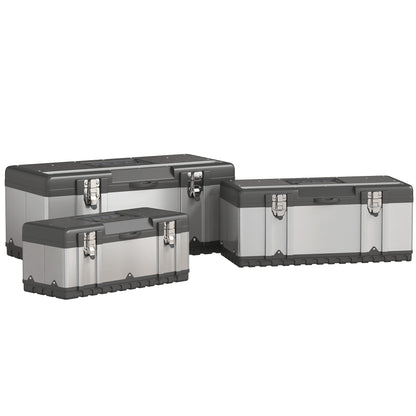 Tool Chest 3-Piece Set Empty Tool Box Toolbox with Removable Tray, Handles, Latches, Stainless Steel Tool Box, Black+Silver