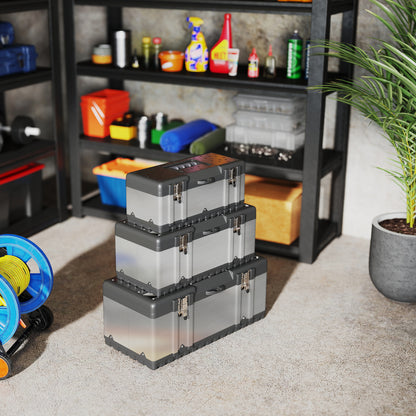 Tool Chest 3-Piece Set Empty Tool Box Toolbox with Removable Tray, Handles, Latches, Stainless Steel Tool Box, Black+Silver