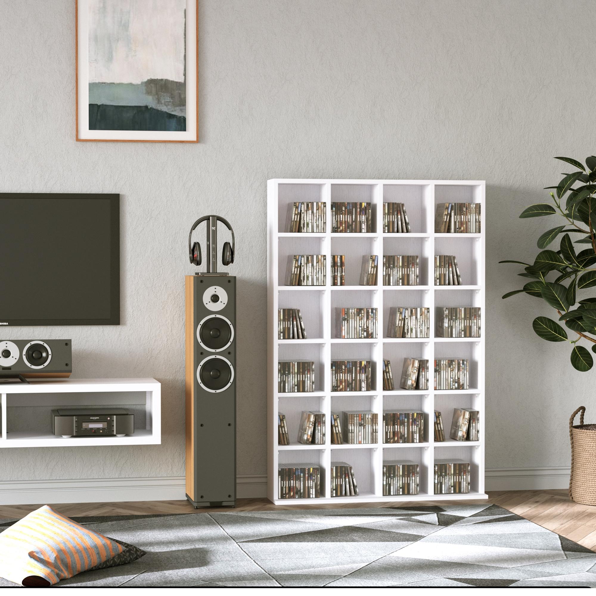CD and DVD Storage, multimedia storage unit with 24 compartments, max capacity 480 CD/ 312 DVD, wooden bookshelf with adjustable shelves, 89 x 20 x 130.5 cm, white