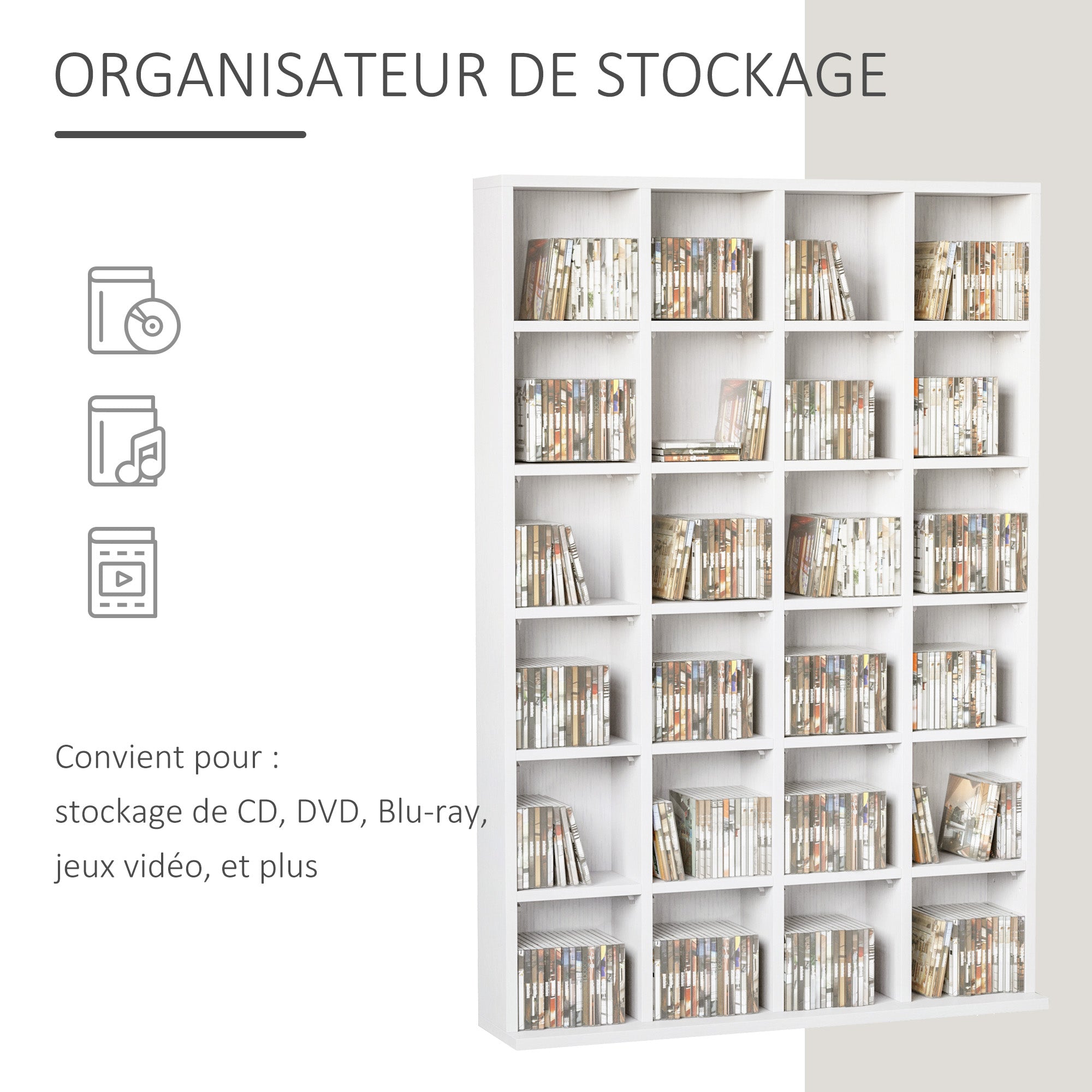 CD and DVD Storage, multimedia storage unit with 24 compartments, max capacity 480 CD/ 312 DVD, wooden bookshelf with adjustable shelves, 89 x 20 x 130.5 cm, white