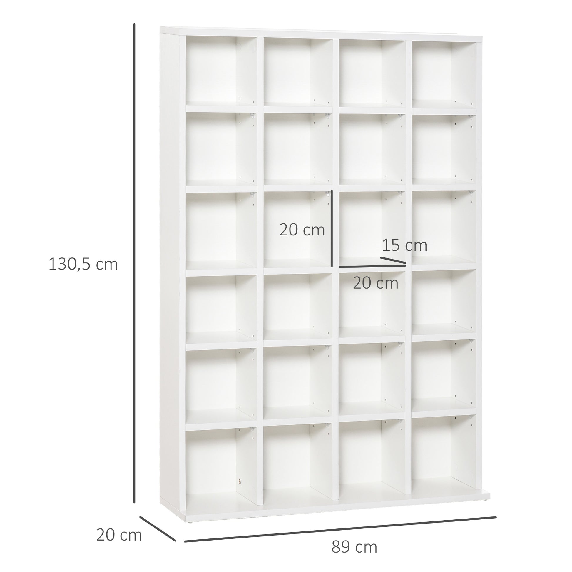 CD and DVD Storage, multimedia storage unit with 24 compartments, max capacity 480 CD/ 312 DVD, wooden bookshelf with adjustable shelves, 89 x 20 x 130.5 cm, white