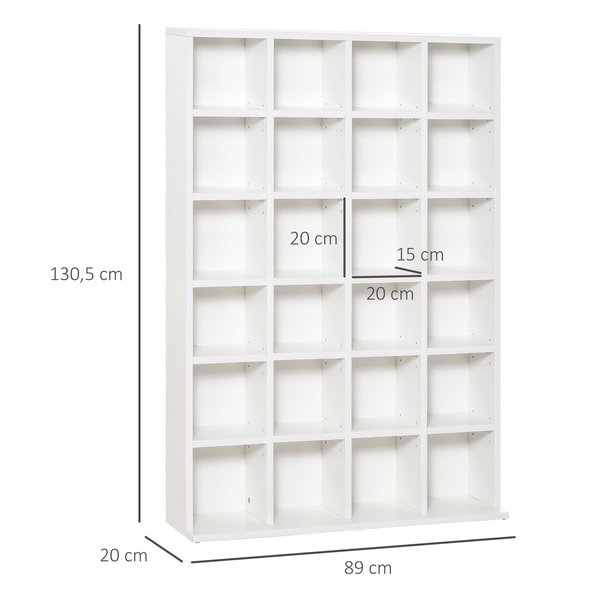 CD and DVD Storage, multimedia storage unit with 24 compartments, max capacity 480 CD/ 312 DVD, wooden bookshelf with adjustable shelves, 89 x 20 x 130.5 cm, white