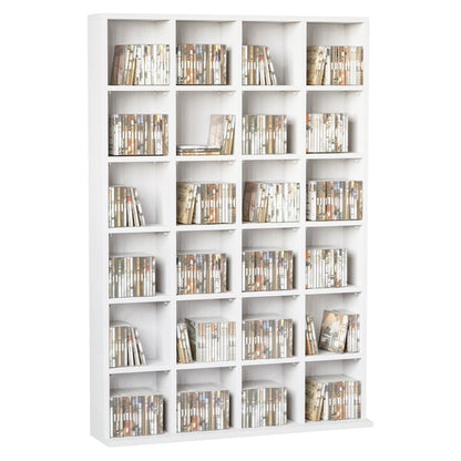 CD and DVD Storage, multimedia storage unit with 24 compartments, max capacity 480 CD/ 312 DVD, wooden bookshelf with adjustable shelves, 89 x 20 x 130.5 cm, white