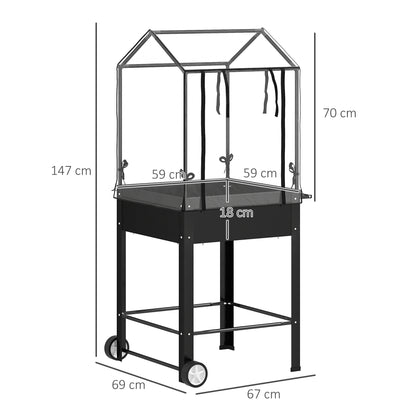 Raised Garden Bed on Legs with Plastic Cover, Elevated Planter with Wheels and Drainage Hole, Mini Greenhouse for Vegetables, Flowers, Herbs, 67 x 69 x 147 cm, Black
