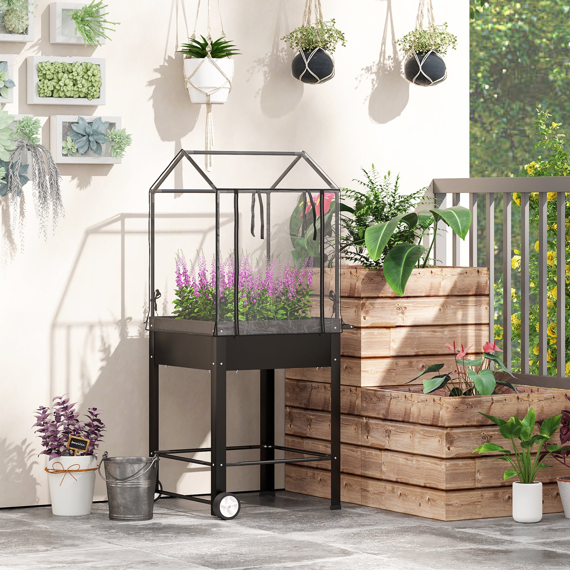 Raised Garden Bed on Legs with Plastic Cover, Elevated Planter with Wheels and Drainage Hole, Mini Greenhouse for Vegetables, Flowers, Herbs, 67 x 69 x 147 cm, Black