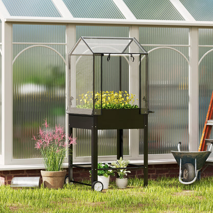 Raised Garden Bed on Legs with Plastic Cover, Elevated Planter with Wheels and Drainage Hole, Mini Greenhouse for Vegetables, Flowers, Herbs, 67 x 69 x 147 cm, Black