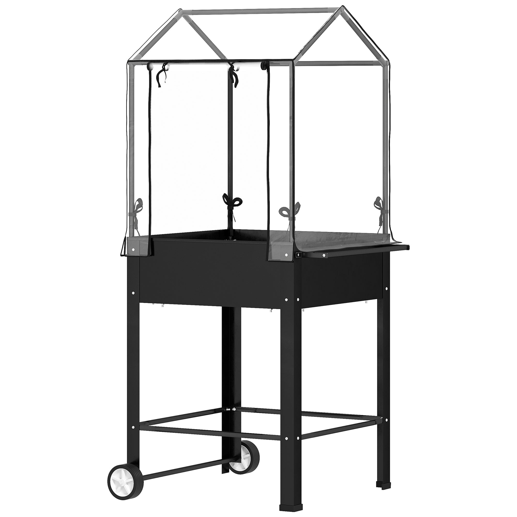 Raised Garden Bed on Legs with Plastic Cover, Elevated Planter with Wheels and Drainage Hole, Mini Greenhouse for Vegetables, Flowers, Herbs, 67 x 69 x 147 cm, Black