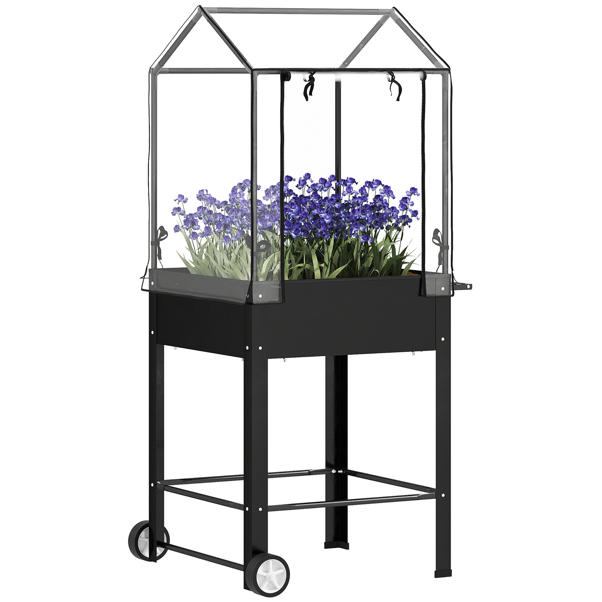 Raised Garden Bed on Legs with Plastic Cover, Elevated Planter with Wheels and Drainage Hole, Mini Greenhouse for Vegetables, Flowers, Herbs, 67 x 69 x 147 cm, Black