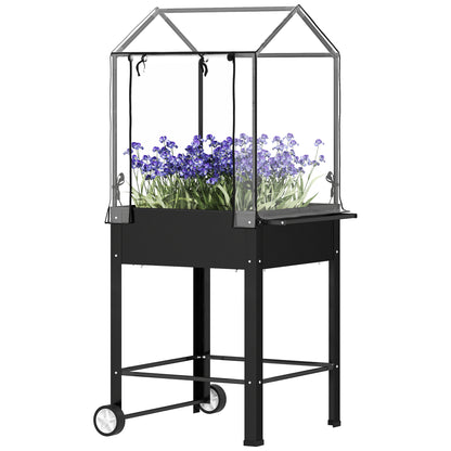 Raised Garden Bed on Legs with Plastic Cover, Elevated Planter with Wheels and Drainage Hole, Mini Greenhouse for Vegetables, Flowers, Herbs, 67 x 69 x 147 cm, Black