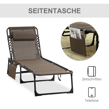Foldable Sun Lounger Garden Lounger with Head Pillow, Side Pocket, Recliner with 5-Position Adjustable Backrest, weather-resistant Camping Lounger for up to 120 kg load, for garden beach pool, Brown