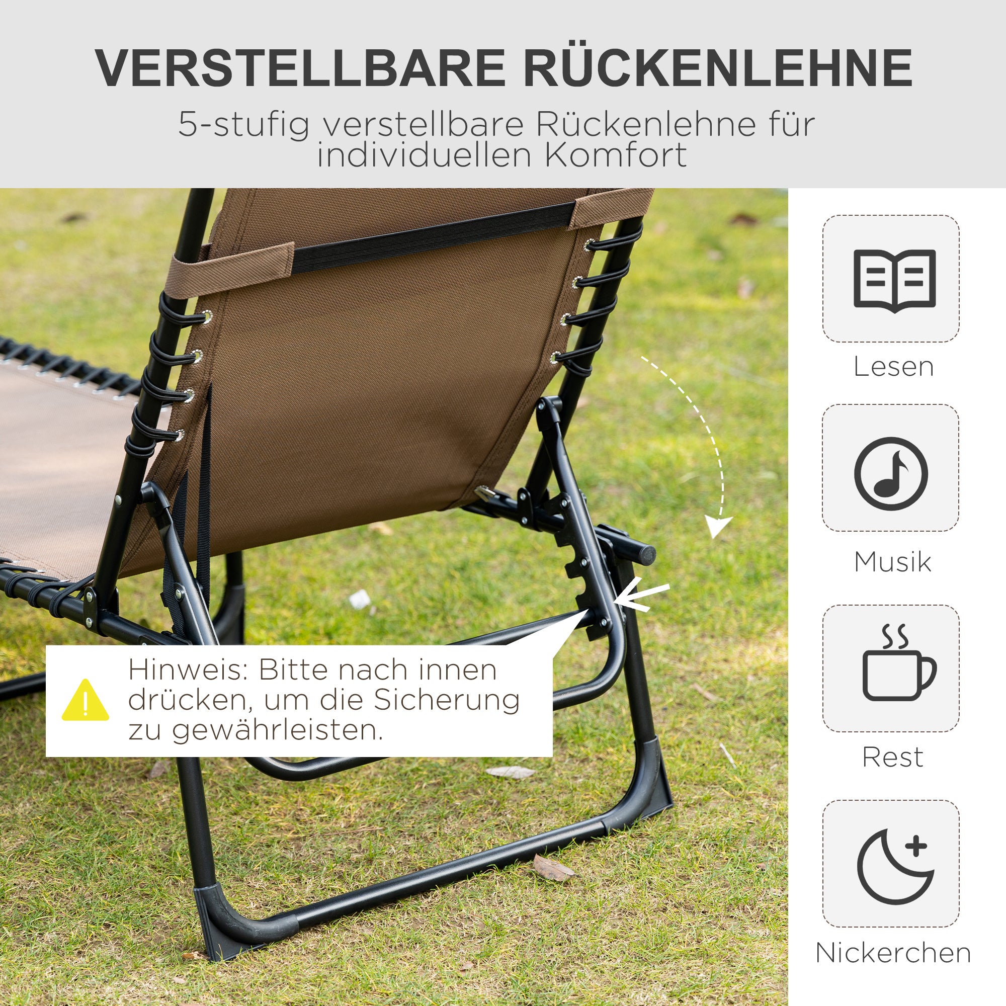 Foldable Sun Lounger Garden Lounger with Head Pillow, Side Pocket, Recliner with 5-Position Adjustable Backrest, weather-resistant Camping Lounger for up to 120 kg load, for garden beach pool, Brown