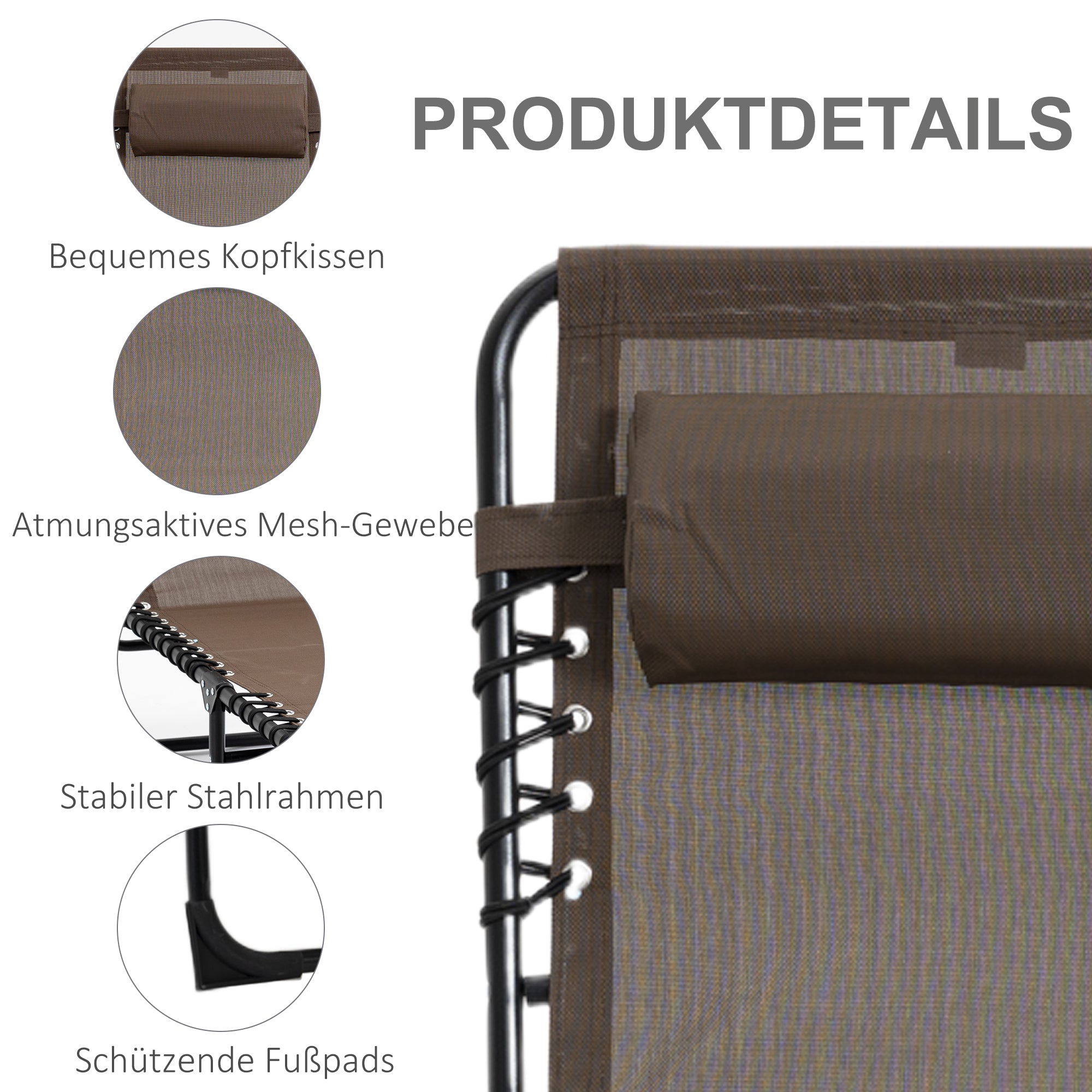 Foldable Sun Lounger Garden Lounger with Head Pillow, Side Pocket, Recliner with 5-Position Adjustable Backrest, weather-resistant Camping Lounger for up to 120 kg load, for garden beach pool, Brown
