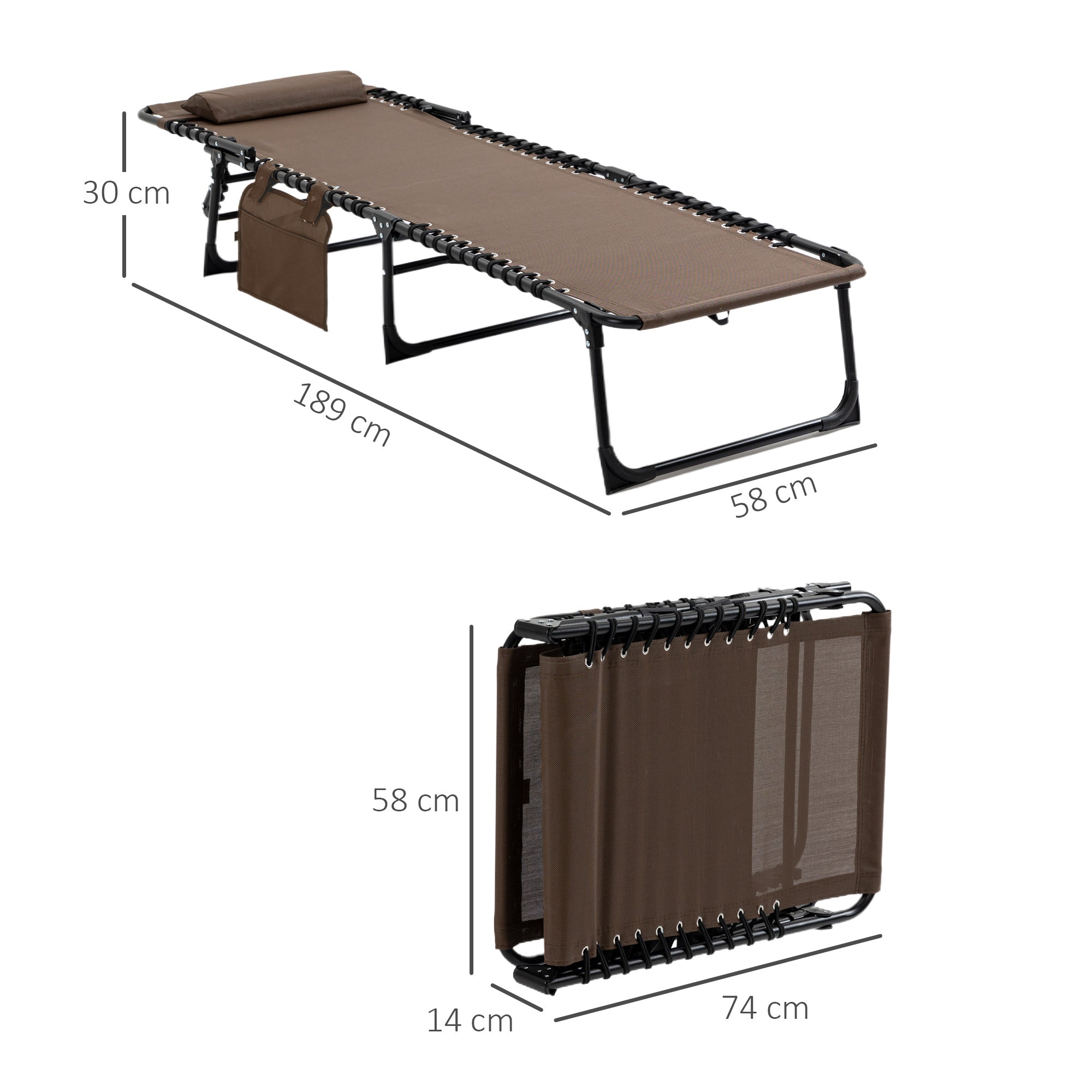 Foldable Sun Lounger Garden Lounger with Head Pillow, Side Pocket, Recliner with 5-Position Adjustable Backrest, weather-resistant Camping Lounger for up to 120 kg load, for garden beach pool, Brown