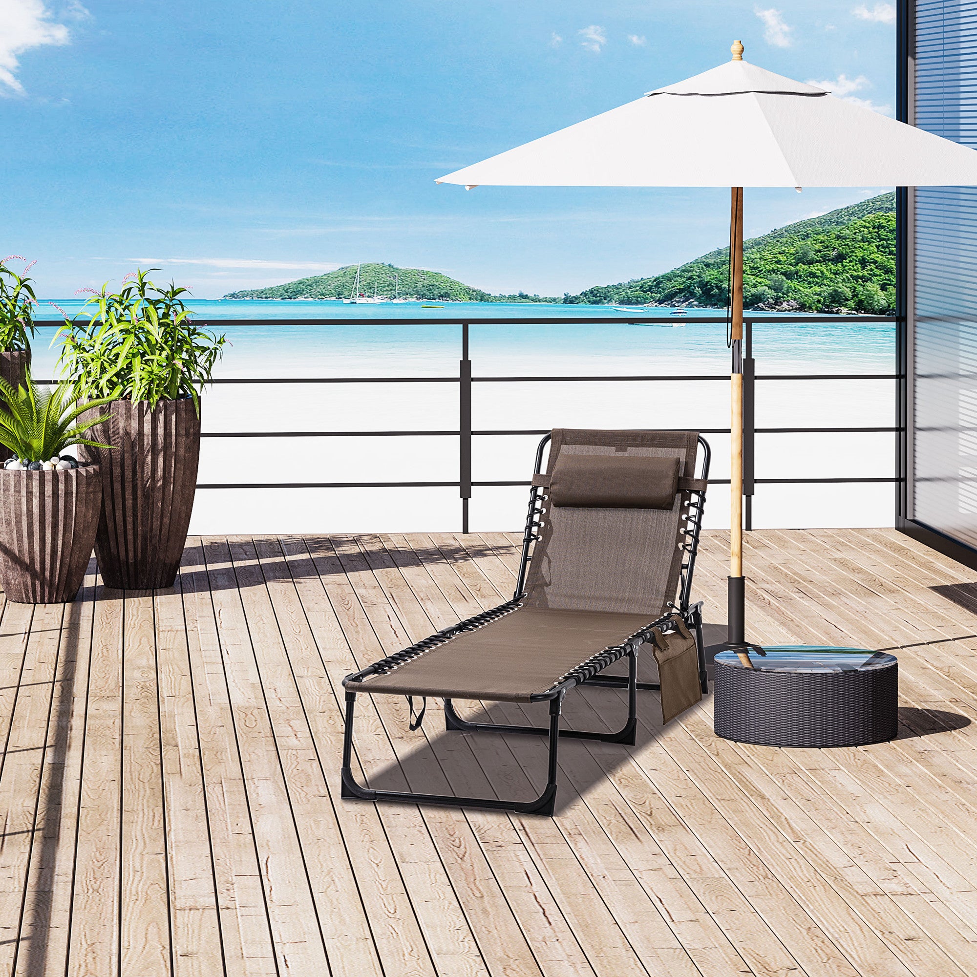 Foldable Sun Lounger Garden Lounger with Head Pillow, Side Pocket, Recliner with 5-Position Adjustable Backrest, weather-resistant Camping Lounger for up to 120 kg load, for garden beach pool, Brown