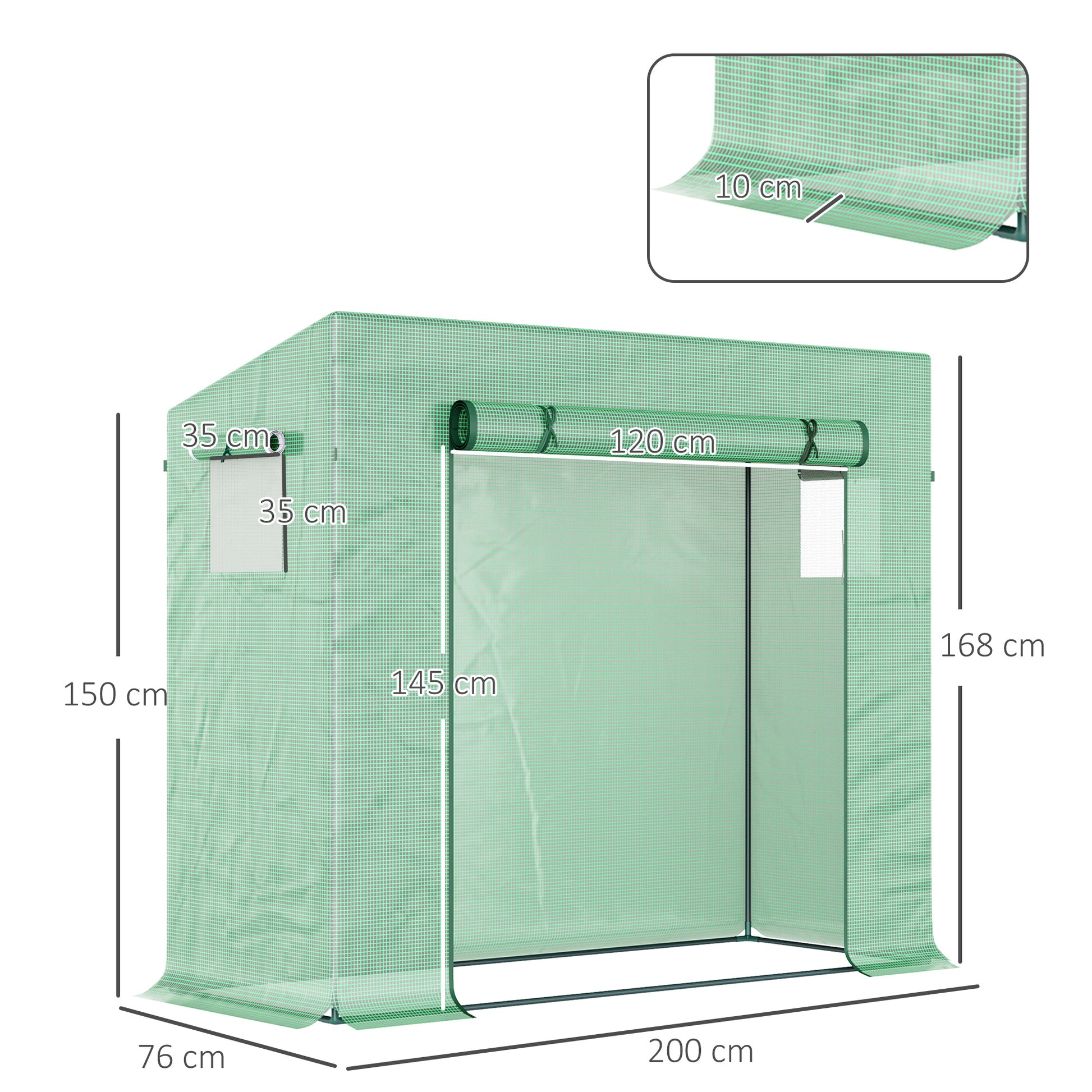Greenhouse, 200 x 76 x 168 cm Polyethylene Greenhouse with Roll-Up Door, Cold Frame, Tomato House with Side Window, PE Grid Film, Winterproof Plant House for Garden, Balcony, Green