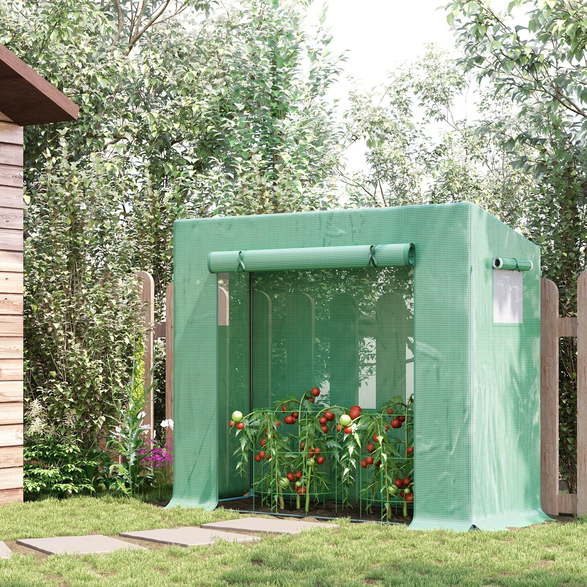 Greenhouse, 200 x 76 x 168 cm Polyethylene Greenhouse with Roll-Up Door, Cold Frame, Tomato House with Side Window, PE Grid Film, Winterproof Plant House for Garden, Balcony, Green