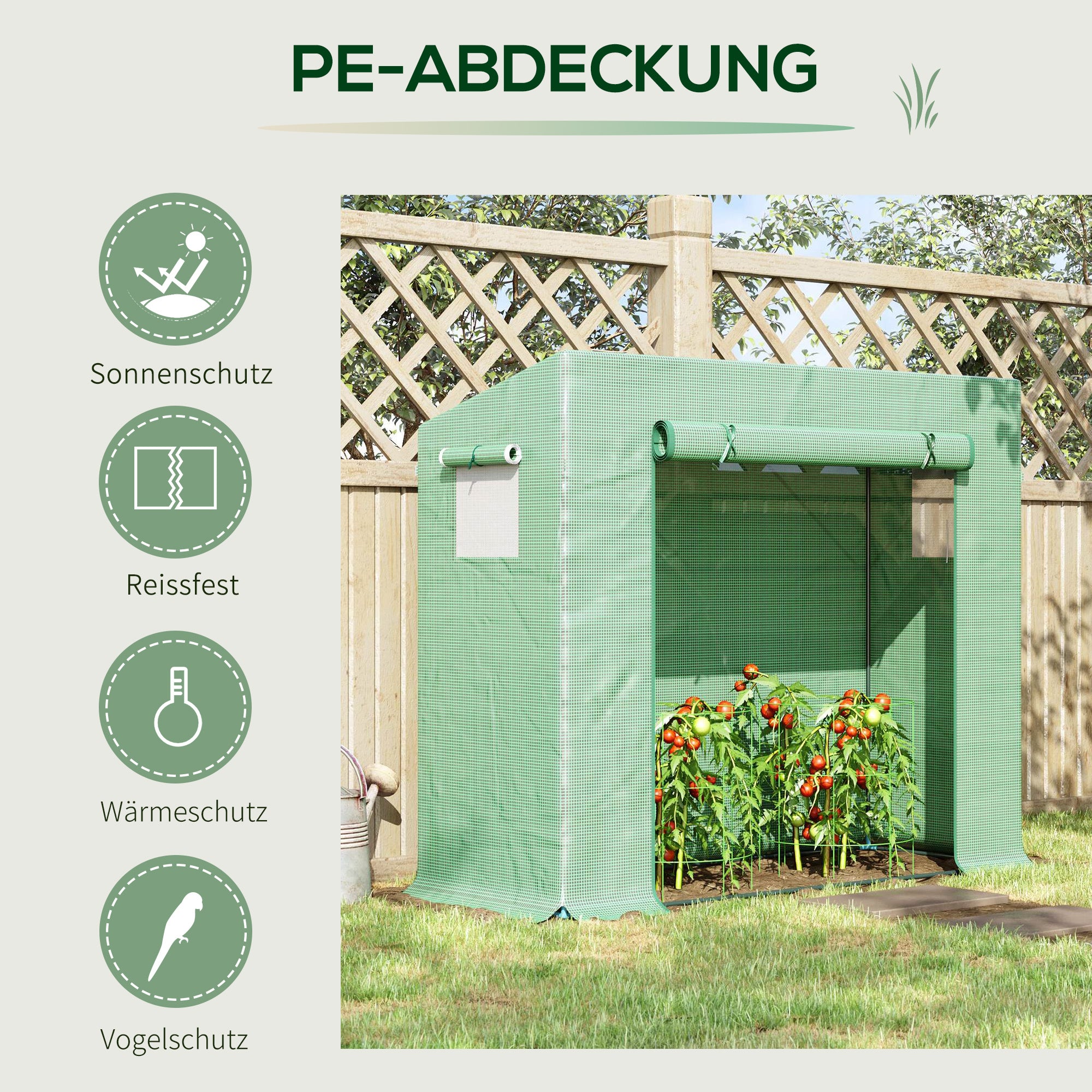 Greenhouse, 200 x 76 x 168 cm Polyethylene Greenhouse with Roll-Up Door, Cold Frame, Tomato House with Side Window, PE Grid Film, Winterproof Plant House for Garden, Balcony, Green