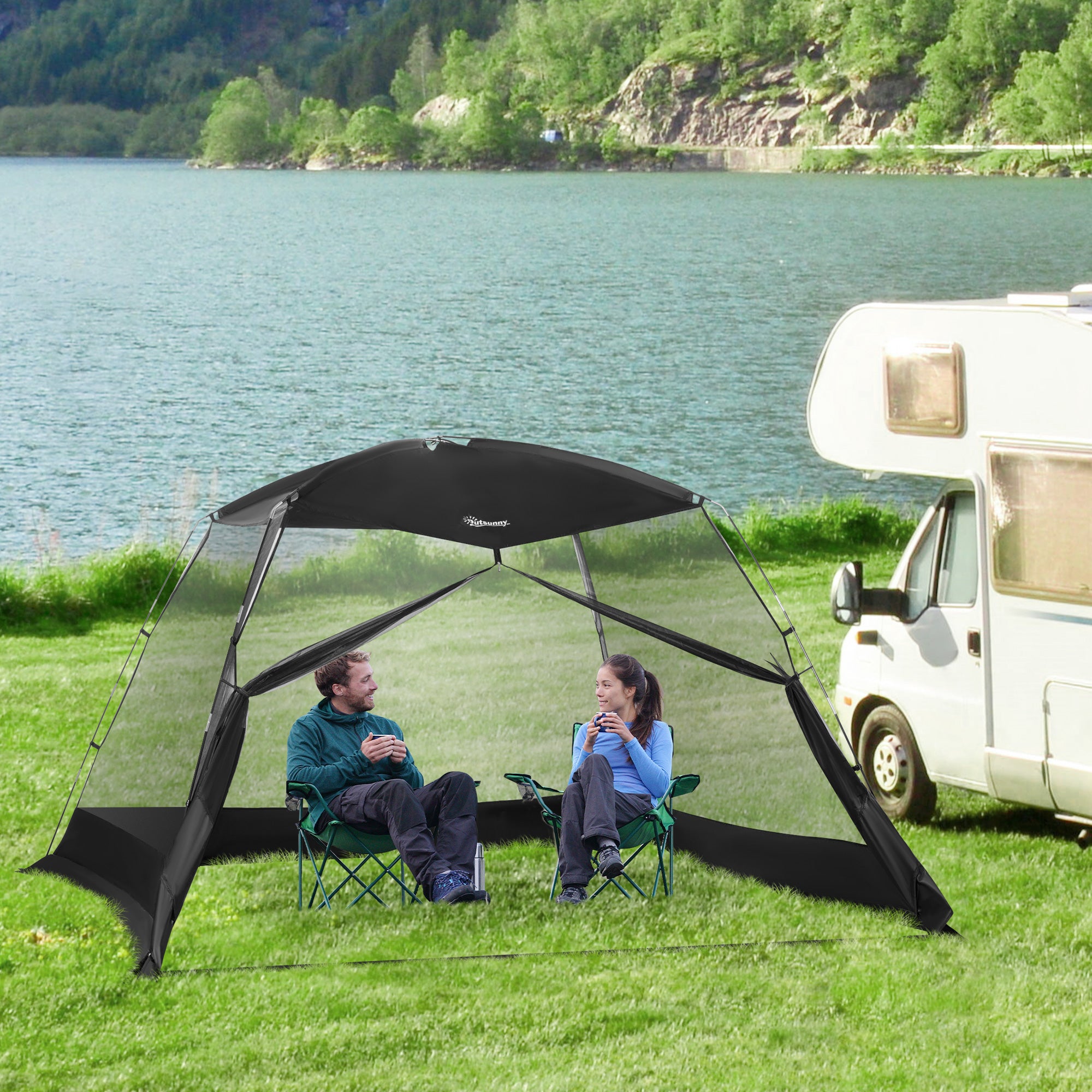 Garden Tent 3x3x2 m Gazebo for 4-6 People with 4 Mosquito Nets and Door Includes Carry Bag Sun Protection for Camping Travel Outdoor Black