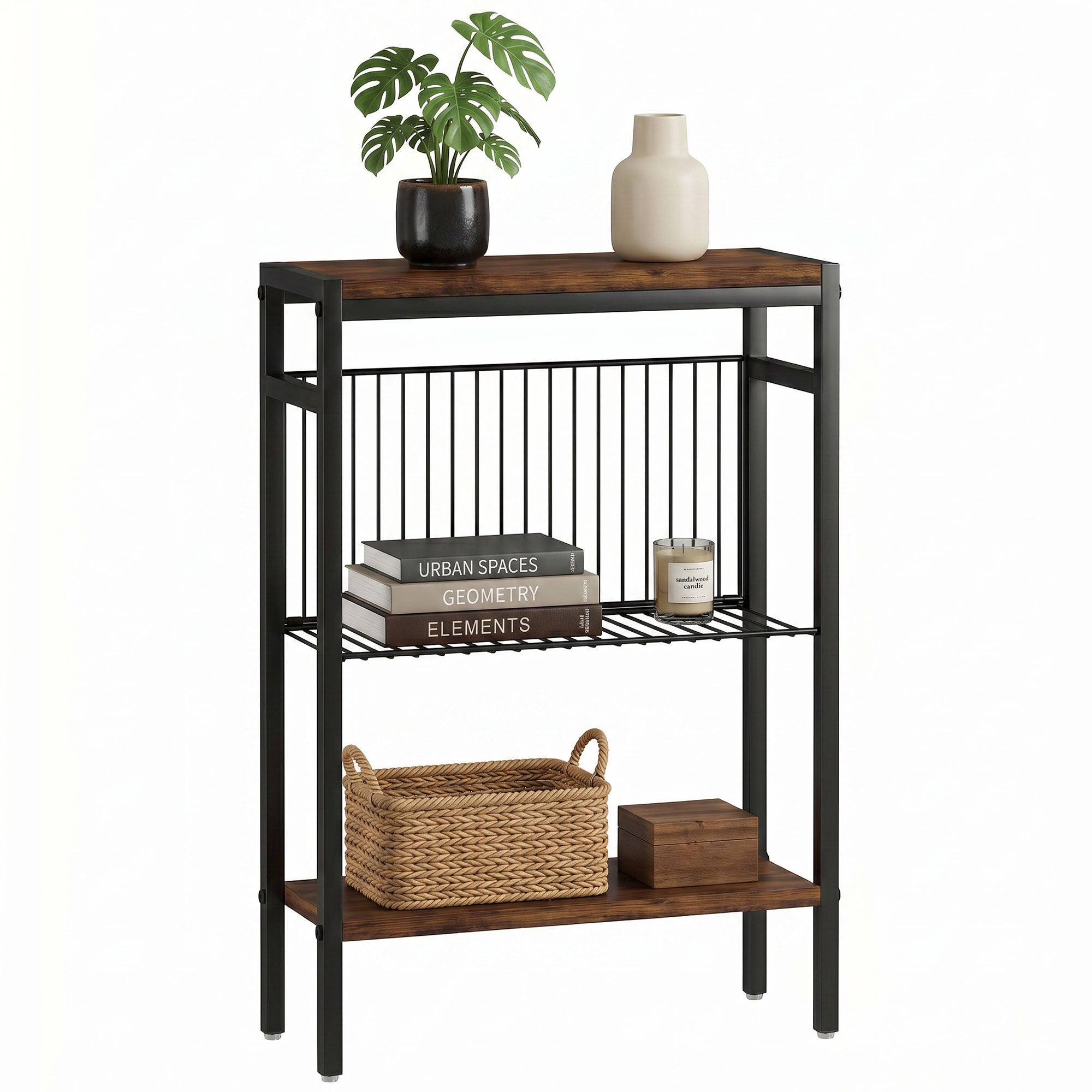 3-Shelf Side Table – Small Coffee/End Table with Metal Frame, Rustic Brown
