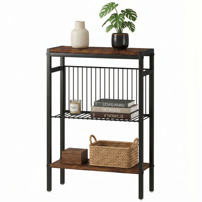 3-Shelf Side Table – Small Coffee/End Table with Metal Frame, Rustic Brown