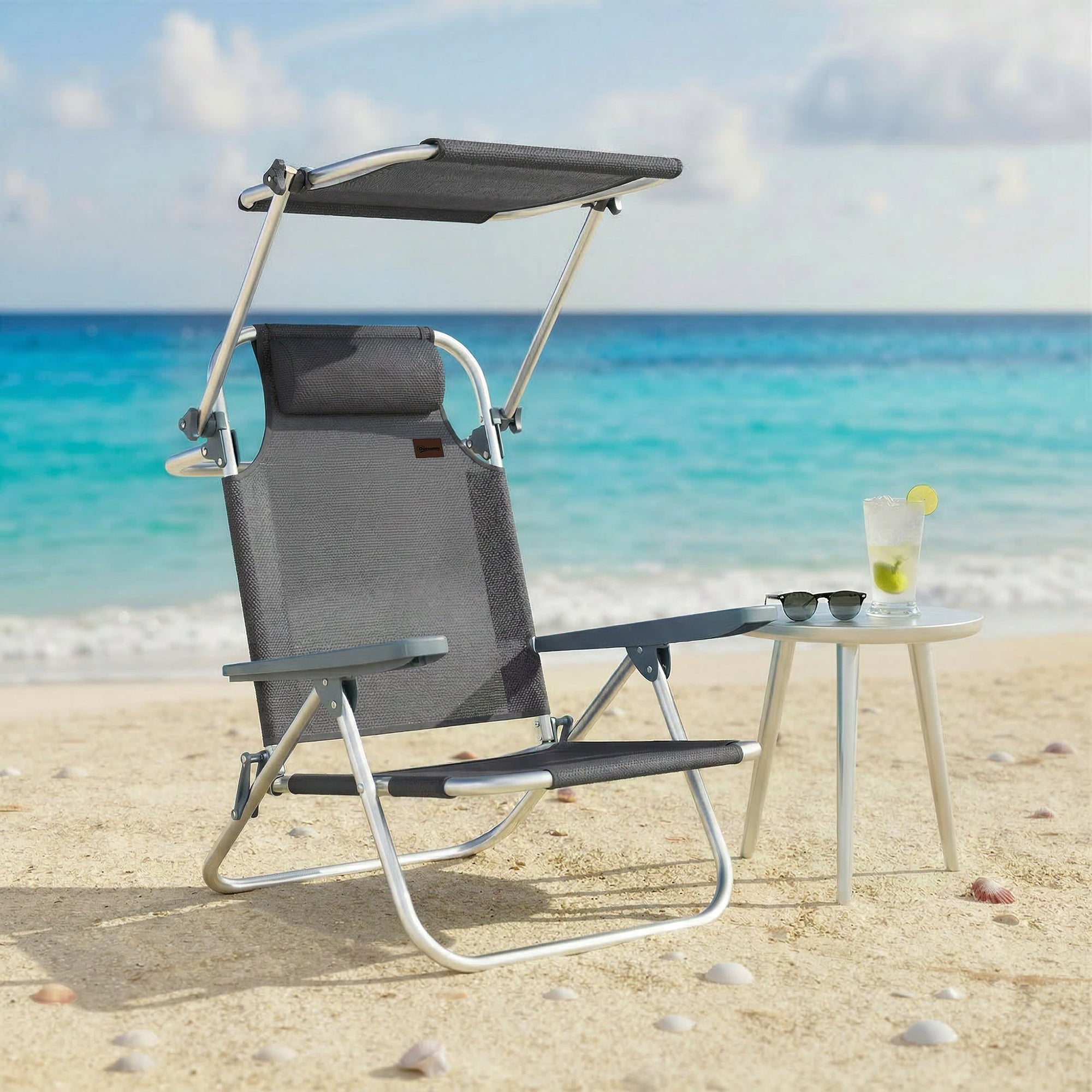 Folding Sun Lounger with Head Cushion & Adjustable Canopy, 6-Position Reclining Backrest, Camping/Garden Chair, Holds up to 265 lb (120 kg) – Dark Gray