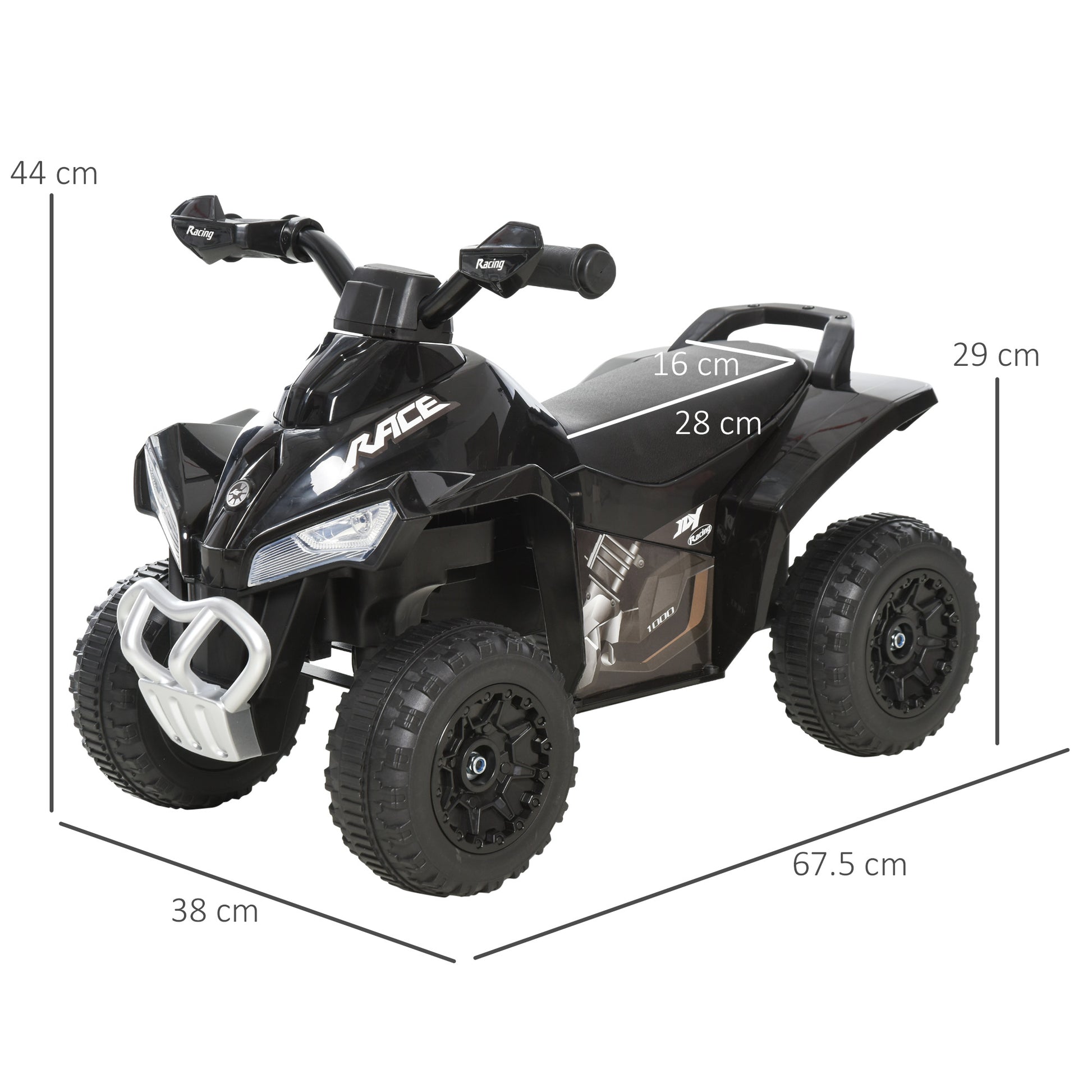 Quad Ride-On Car for Kids 18-36 Months with Lights and Music Function Supports up to 20 kg 67.5x38x44 cm Black