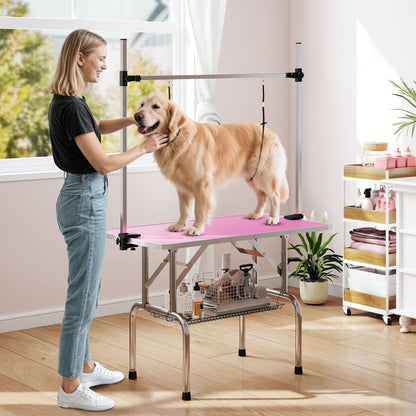 Folding Pet Grooming Table with Metal Mesh Basket, Non-Slip Top, Adjustable Stainless Steel Arm — For Dogs & Cats, 107 x 60 x 164 cm (42.1 x 23.6 x 64.6 in), Pink