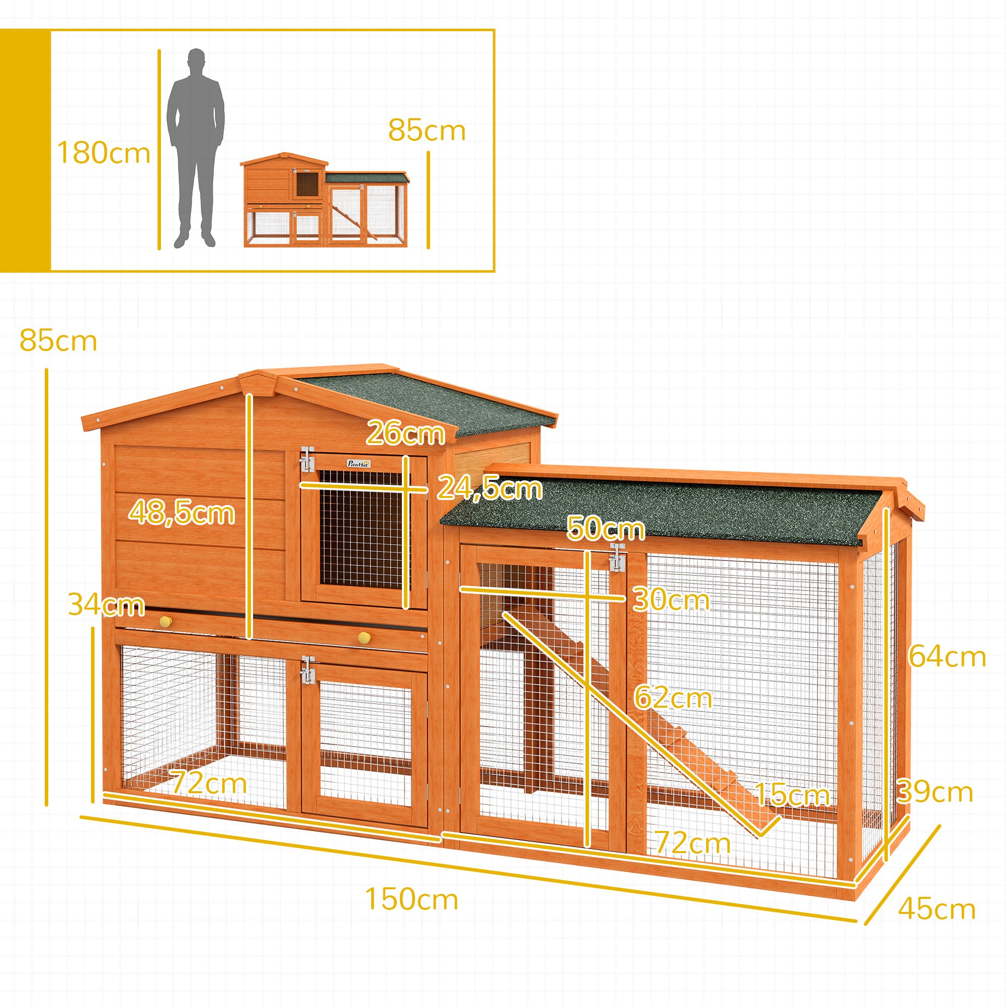 Wooden Rabbit Hutch 150x45x85 cm Large Cage with Asphalt Roof Removable Tray and Ladder for Natural Outdoor