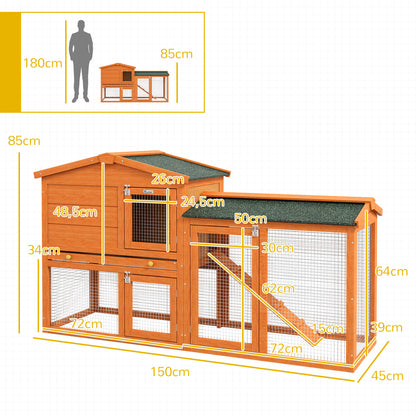 Wooden Rabbit Hutch 150x45x85 cm Large Cage with Asphalt Roof Removable Tray and Ladder for Natural Outdoor
