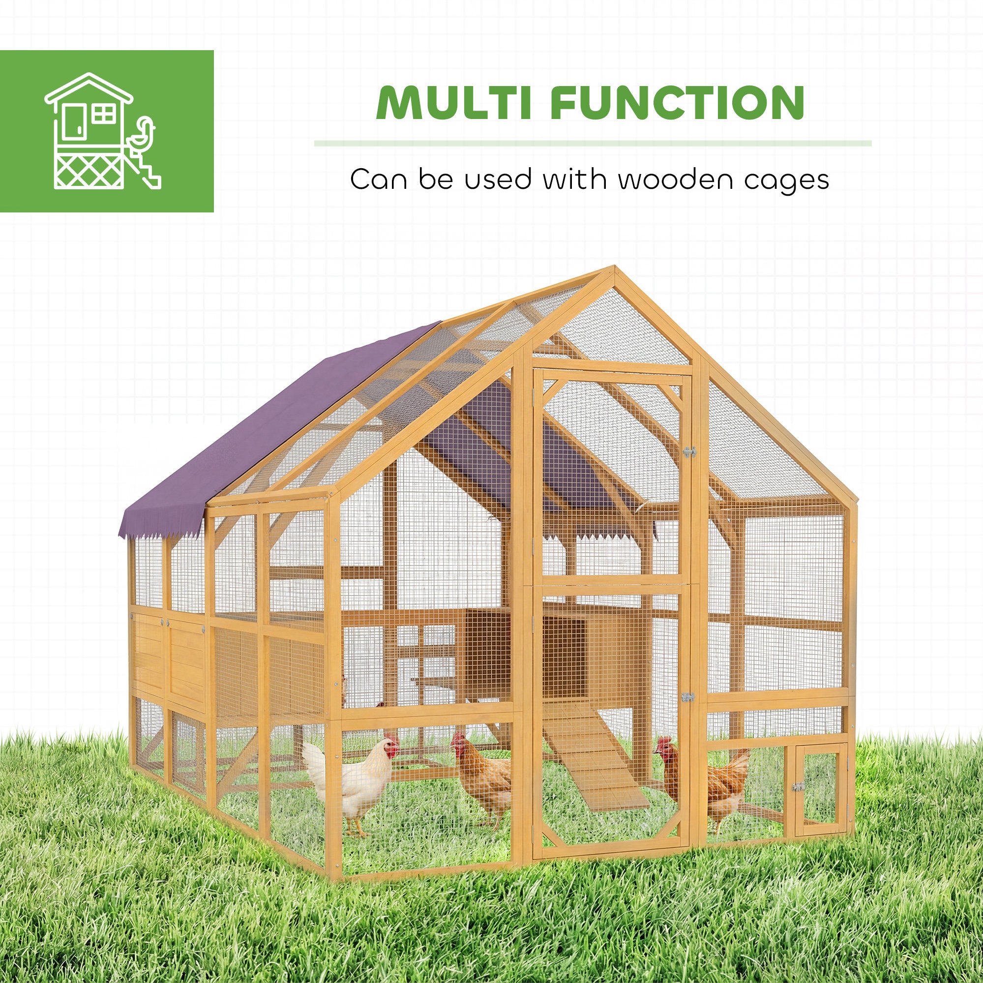 Wooden Chicken Run, approx. 56 sq ft (9'2" x 6'1" x 6'2") Outdoor Run with Covered Area, Lockable Door, Ramp, 4 Nesting Boxes — Yellow (Fits 8–12 Hens)