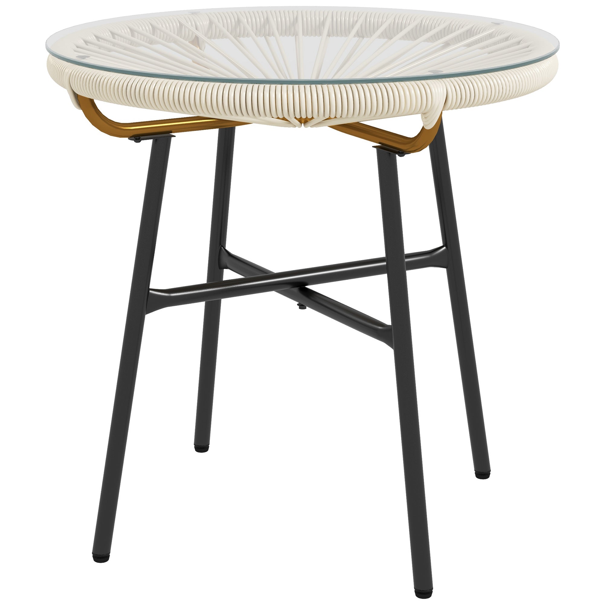 Synthetic Rattan Garden Table Round Coffee Table for Outdoors with Tempered Glass Top and Metal Legs for Patio Balcony Ø50x50 cm Cream