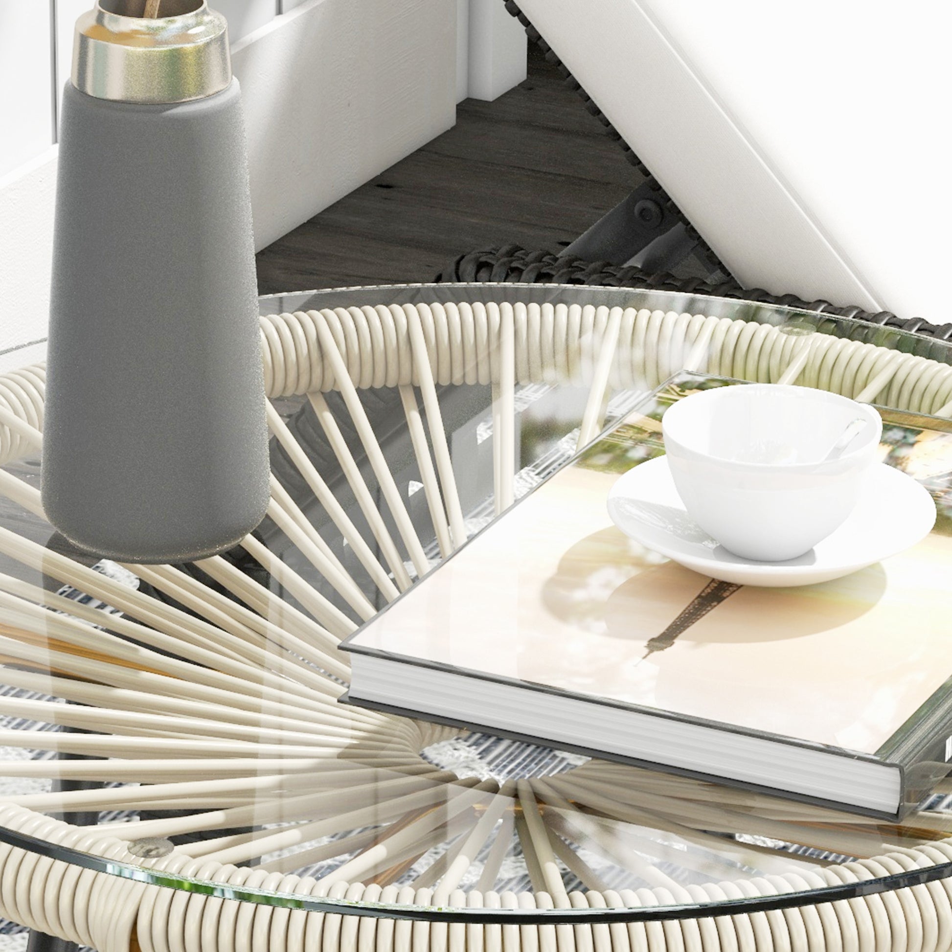 Synthetic Rattan Garden Table Round Coffee Table for Outdoors with Tempered Glass Top and Metal Legs for Patio Balcony Ø50x50 cm Cream