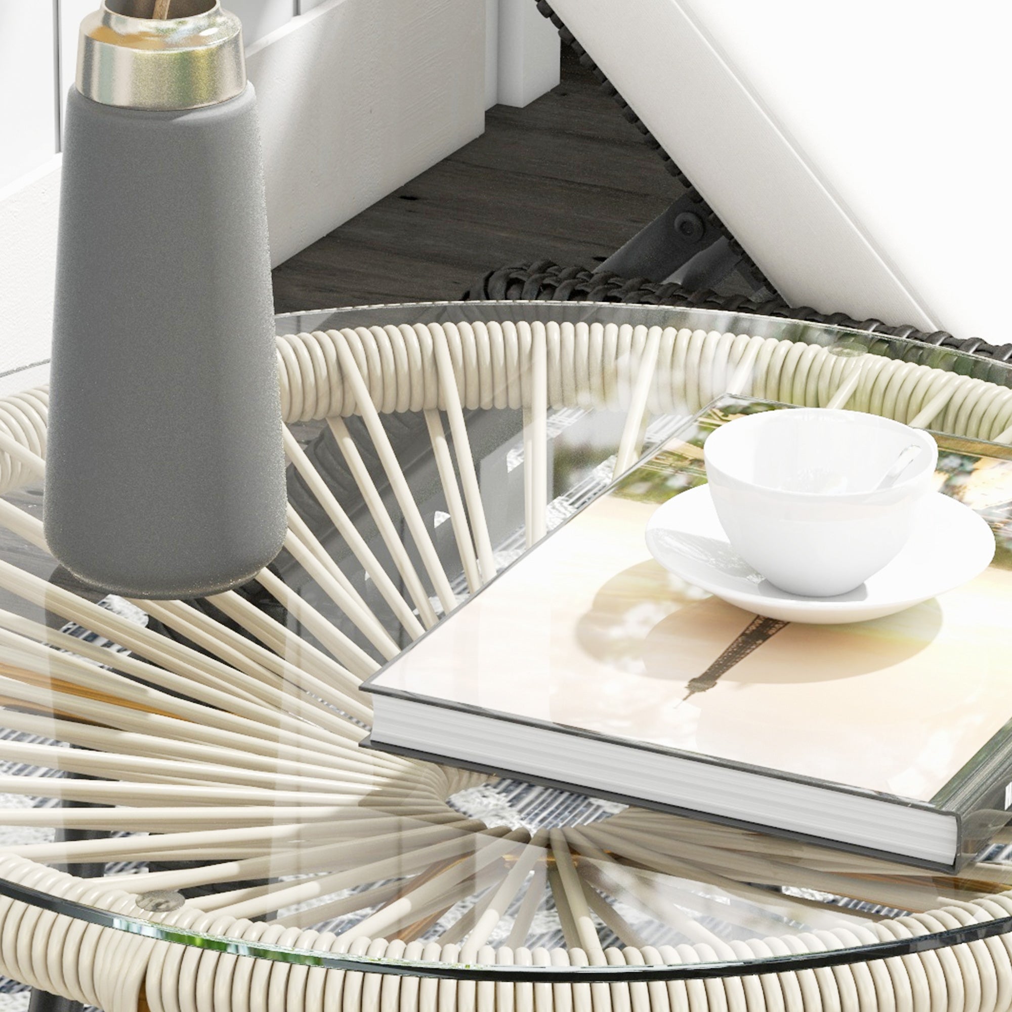 Synthetic Rattan Garden Table Round Coffee Table for Outdoors with Tempered Glass Top and Metal Legs for Patio Balcony Ø50x50 cm Cream
